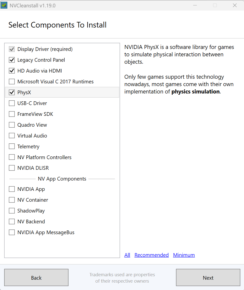 NVCleanstall Step 2 - Select components